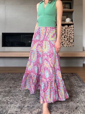 Ralph Lauren 100% cotton boho Pink Paisley tiered Maxi Skirt xs-m